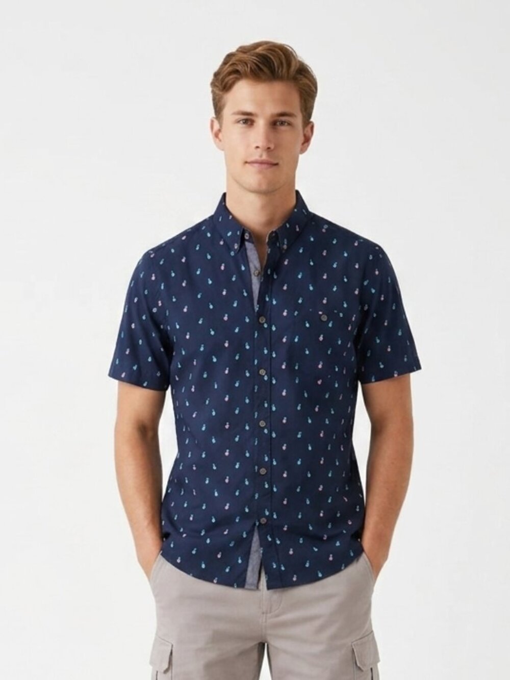 Sunrise Kingdom Shirt Button Down Blue Pineapple Print Preppy Casual S/S L NWT